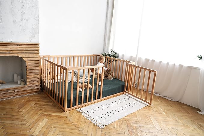 BUSY WOOD Montessori Bed for Toddlers with Railings 31,4 in - Floor Bed Frame for Kids - Platform Bedframe Small, Twin, Full, Queen, King Size (Model 20)