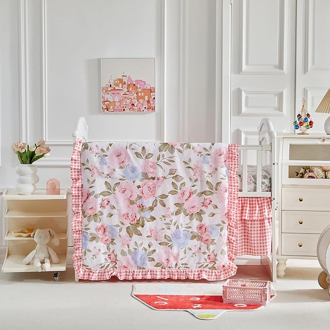 3 Pieces Pink Blue Rose Flowers Mini Crib Bedding Set Baby Ruffled Quilted Comforter with Fitted Sheet and Bed Skirt - Cute Ruffled Shabby Chic Baby Girls Bedding Soft Blanket Floral Design