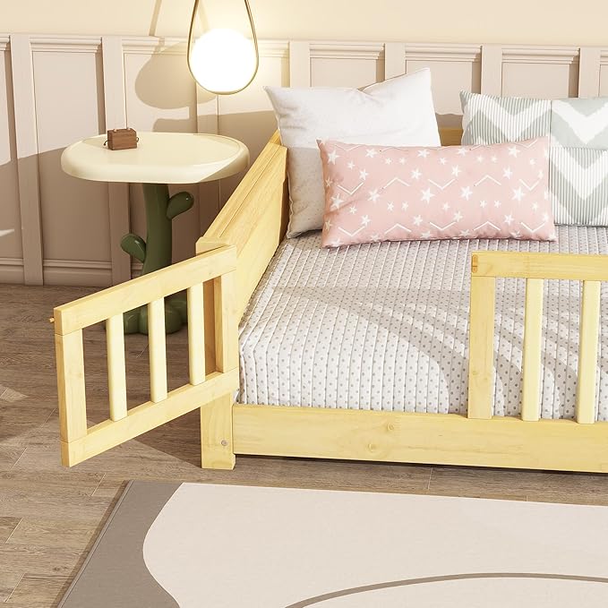 Twin Size Kids Montessori Floor Bed with Door,Twin Floor Bed Frame with Slats and Bookcase,Solid Wood Montessori Bed for Girls Boys,Natural