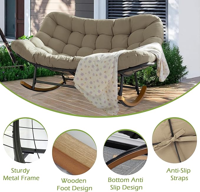 Double Papasan Rocking Chair Outdoor & Indoor, 660LBS Capacity Oversized Patio Rocking Chair for 2-Person with Thick Cushion and Frame,Egg Rocking Chair for Garden, Deck, Living Room,Brown