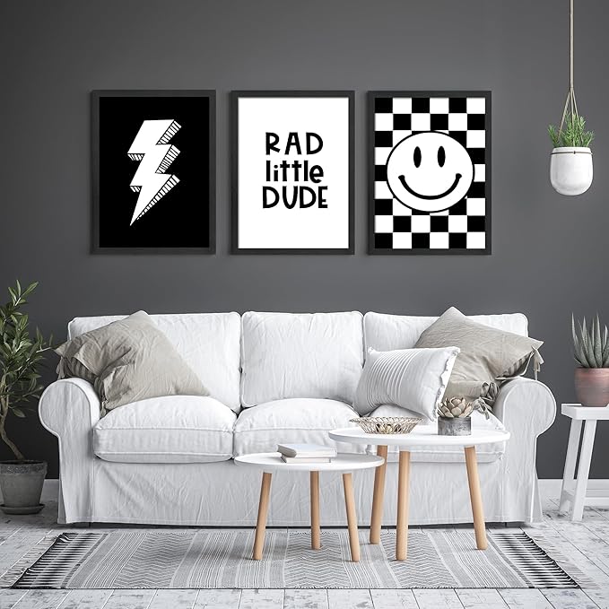 arfitest Boy's Room Wall Art Children's Canvas Wall Decoration Black Checkered Smiling Face Poster Picture Retro Game Room Bedroom Art Print 12x16 inch Frame 3-Piece Set