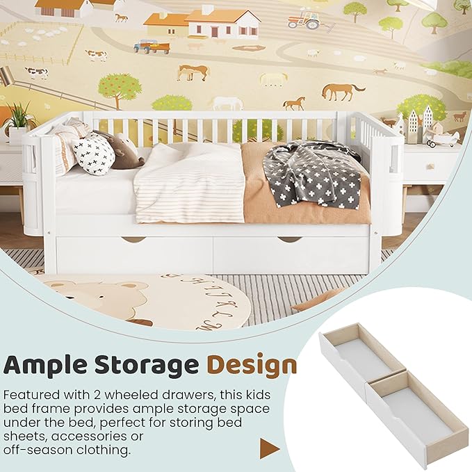 Full Size Kids Bed Frame with Rails, Wood Montessori Bed Full with 2 Storage Drawers &Slats Support, Modern Daybed with Removable Bed Rails for Girls Boys Bedroom Living Room, White