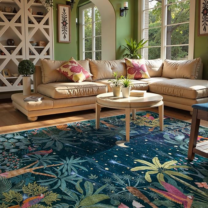 Lahome Midnight Jungle Rug, 9x12 Green Forest Living Room Dining Room Rug, Washable Large Carpte for Bedroom Classroom Non Slip Non Shedding Floor Carpet for Guestroom Office