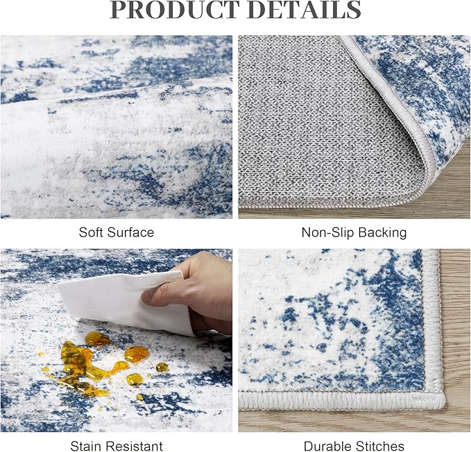 Area Rug 2x3 Washable Rug: Soft Small Entryway Rug with Anti-Slip Backing Non-Shedding Stain-Resistant Abstarct Modern Carpet for Kitchen Bedroom Indoor Front Entrance-Gray/Blue