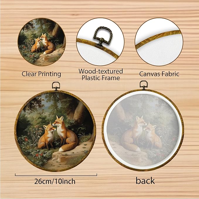 Hiuwevt Fox Round Wall Art Decor, Farmhouse Enchanting Forest Fox Framed Canvas Prints, Vintage Rustic Cottagecore Wild Animal Round Wall Hanging Decor for Bedroom Home Decorations, 10x10 Inches