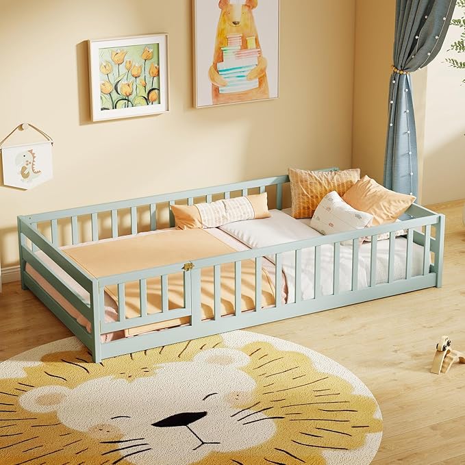 KOMFOTT Twin Size Wood Floor Bed with Door & Fence, Montessori Bed Frame with Full Length Safety Guardrails, Door & Latch, Wooden Montessori Floor Bed for Kids, Girls, Boys (Twin,Light Green)