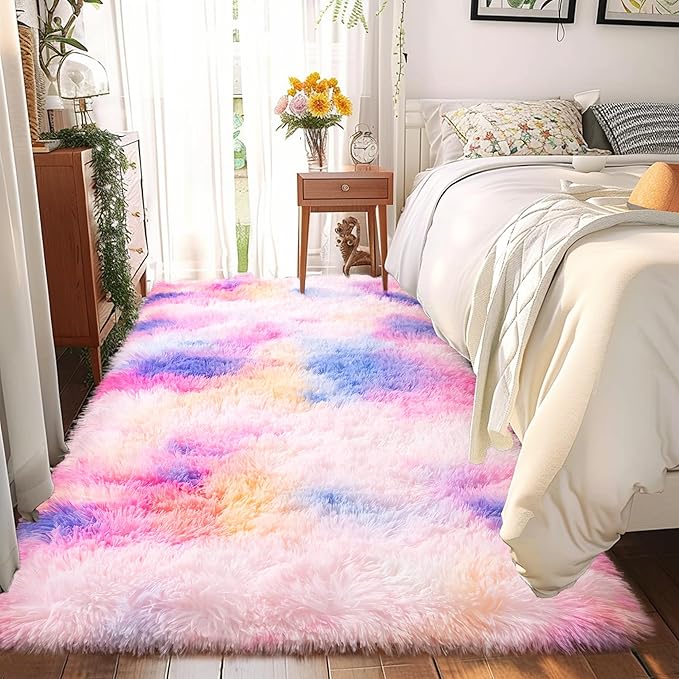 Rainbow Rug - 2x6' Runner Non-Slip Height Pile 1.4" Plush Rug Rubber Back - Throw Carpets for Bedroom - Multicolor