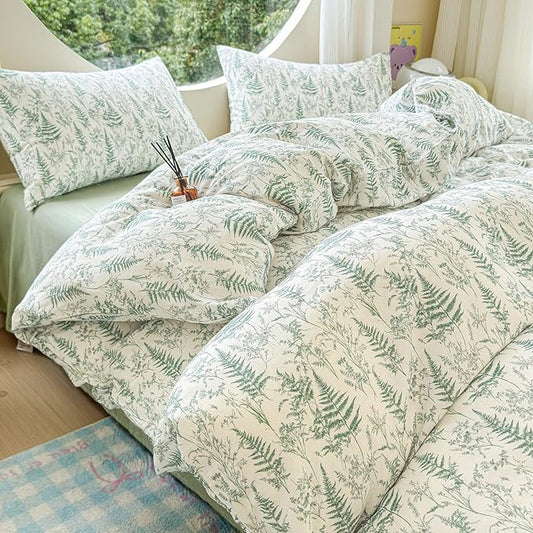 LifeTB Muslin Duvet Cover Full Size 100% Cotton Botanical Floral Comforter Cover Ultra Soft Cottagecore Bedding Set Lightweight Linen Feel Textured Breathable Gauze Duvet Cover with 2 Pillowcases