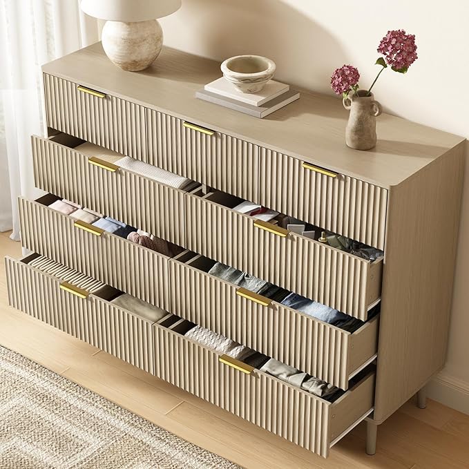 CARPETNAL Fluted 9 Drawer Dresser for Bedroom, 55" Wide Wooden Chest of Drawers with Rounded Corners, Gold Handles, Modern Storage Organizer for Bedroom, Hallway (Beige)