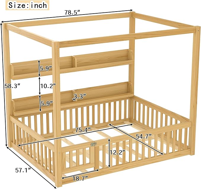 Polibi Full Size Montessori Floor Bed with Guardrails, Low Profile Solid Wood Canopy Frame with Built-in Shelves, No Box Spring Needed, for Kids & Teens, Natural