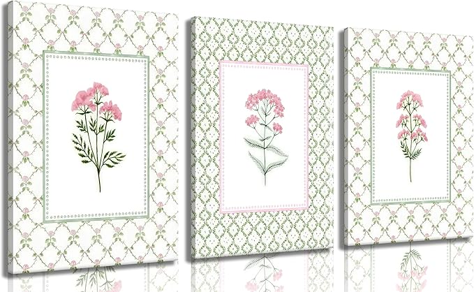 3Pcs Pink Green Floral Canvas Wall Art Wildflower Baby Room Painting Picture Wall Decor Pastel Botanical Poster Print Artwork for Bedroom Living Room Girls Bedroom Nursery Dining Room Home Decoration