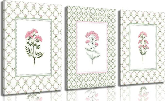3Pcs Pink Green Floral Canvas Wall Art Wildflower Baby Room Painting Picture Wall Decor Pastel Botanical Poster Print Artwork for Bedroom Living Room Girls Bedroom Nursery Dining Room Home Decoration
