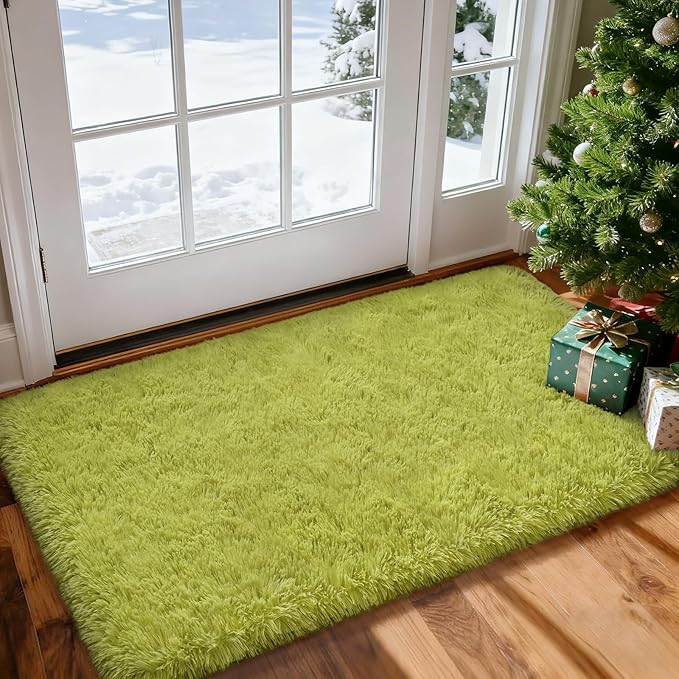 Merelax Fluffy Shaggy Small Area Rug, Green 2x4 Indoor Rug Runner Rugs for Entryway Door Decor, Mini Fuzzy Plush Throw Rug, Soft Non-Slip Shag Catpet for Livingroom Holiday Doormat Home Aesthetic