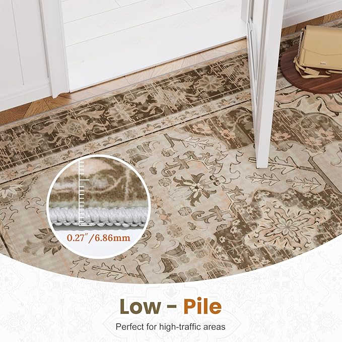 AMTOVO 2x3 Washable Entryway Area Rug Door Mat, Vintage Boho Distressed Print Pattern Non-Slip Carpet, Small Throw Rug for Indoor Entrance Kitchen Bedroom Bathroom Laundry Floor, Light Brown