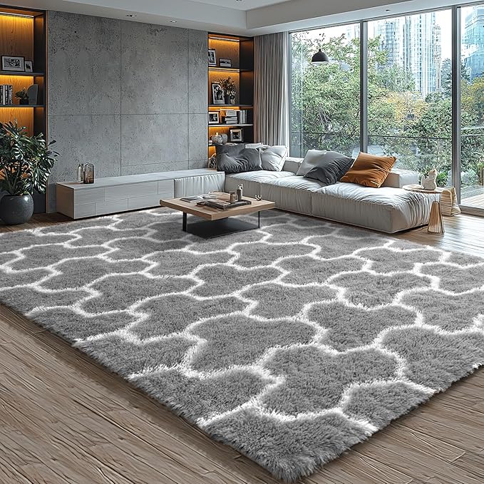 EVOIONOS 5x7 Washable Large Area Rug for Living Room, Grey and White Geometric Pattern Fluffy Shag Rug for Bedroom, Ultra Soft Plush Non Slip Carpet for Indoor Floor Nursery Kid Home Decor Aesthetic