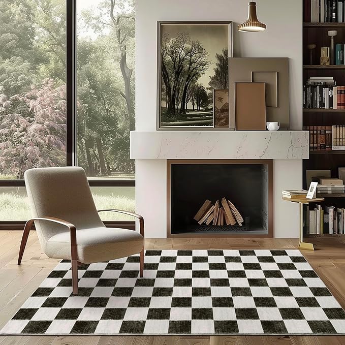 EverGrace Checkered Plaid Area Rug 4x6, Soft Faux Wool Rugs Washable Anti Slip Rugs Large Rug Carpet for Entryway Bedroom Living Room Hallway Kitchen Dining Room and Laundry Room, Black