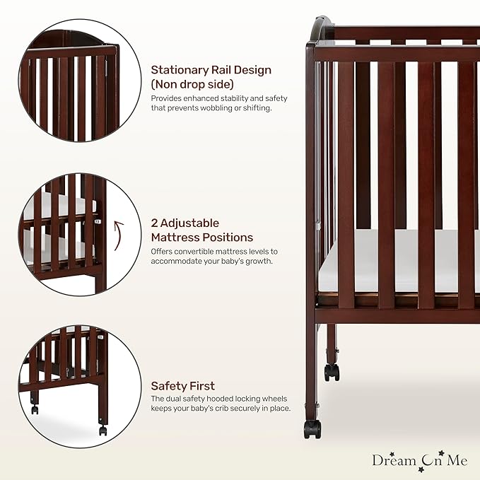Dream On Me 2-in-1 Folding Portable Compact Mini Baby Crib in Espresso, GreenGuard Gold & JPMA, US Patented Flat Folding System, Locking Wheels,1″ Mattress Pad, Space-Saving Quck Fold Easy Storage