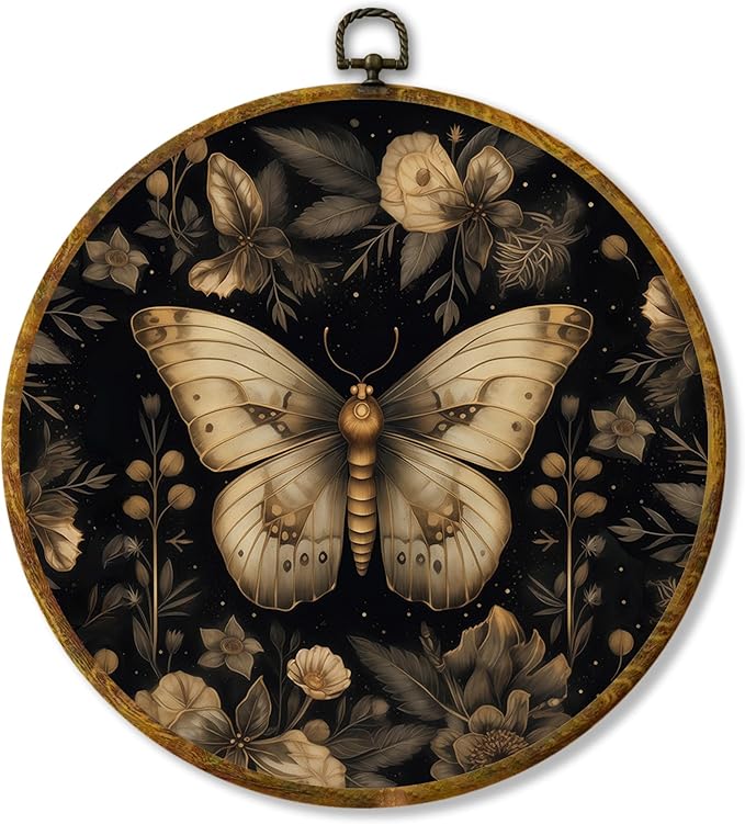 Hiuwevt Dark Floral Butterfly Round Wall Art Decor, Elegant Gold Flower Butterfly Hanging Canvas Prints Artwork Framed, Rustic Cottagecore Moth Circular Wall Decor for Home Bedroom, 10x10 Inch