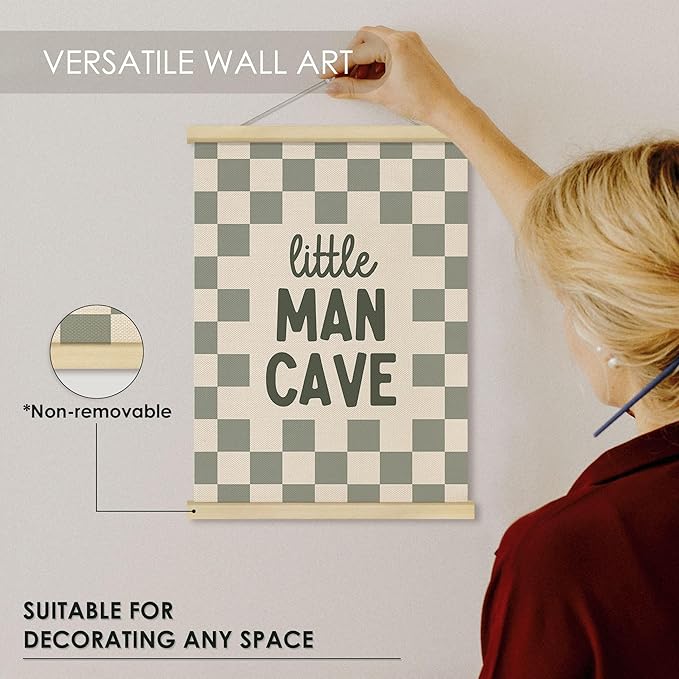 Fewgb Little Man Cave Wall Art Decor for Baby Boys Nursery Kids Room Bedroom Playroom, Sage Green Hanging Poster Framed with Hanger, Green Checked Plaid Picture Prints 12x16