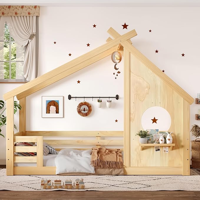Polibi Twin Size House Floor Bed with Window and a Small Shelf, Solid Wood Low Profile Floor Bed for Kids, No Box Spring Needed, Natural