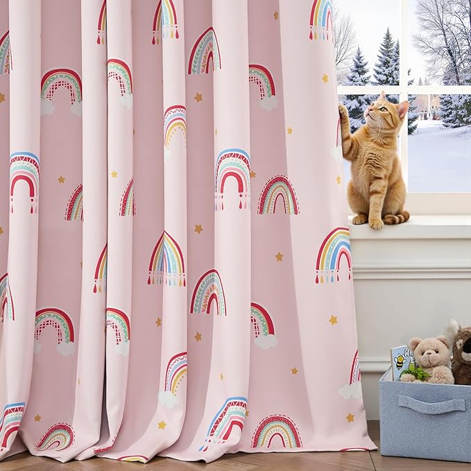 jinchan Nursery Blackout Curtains for Kids Room Rainbow Pink Curtains Cute Girls Bedroom Dorm Playroom Window Treatment Grommet Thermal Insulated Room Darkening 2 Panels 63 Inch Length