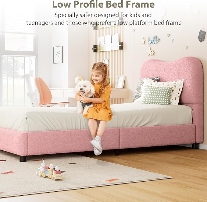 Senfot Pink Twin Kids Bed Frame with Upholstered Headboard, Low Profile Sturdy Platform Bed with Soft Boucle Fabric for Girls and Boys, Heavy Duty, Wooden Slats, Noise Free, No Box Spring Needed