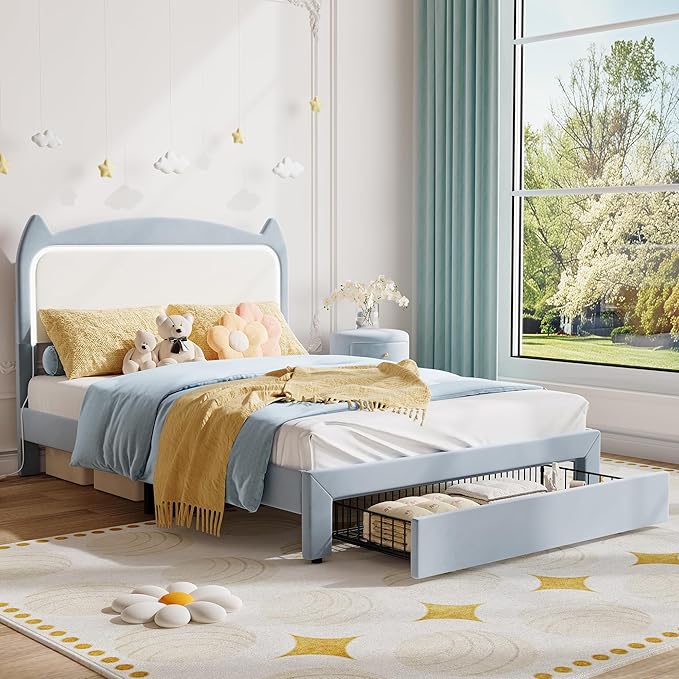 Full Size Princess Bed Frame with LED Lights & Storage Drawer - Blue Velvet Upholstered Cat Headboard Platform Bed for Kid- Sturdy Wood Slats, No Box Spring Needed, App & Remote Control, Blue & White