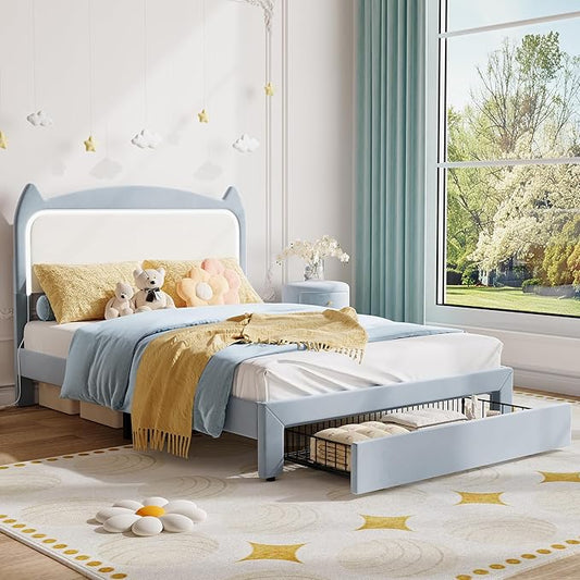 Full Size Princess Bed Frame with LED Lights & Storage Drawer - Blue Velvet Upholstered Cat Headboard Platform Bed for Kid- Sturdy Wood Slats, No Box Spring Needed, App & Remote Control, Blue & White