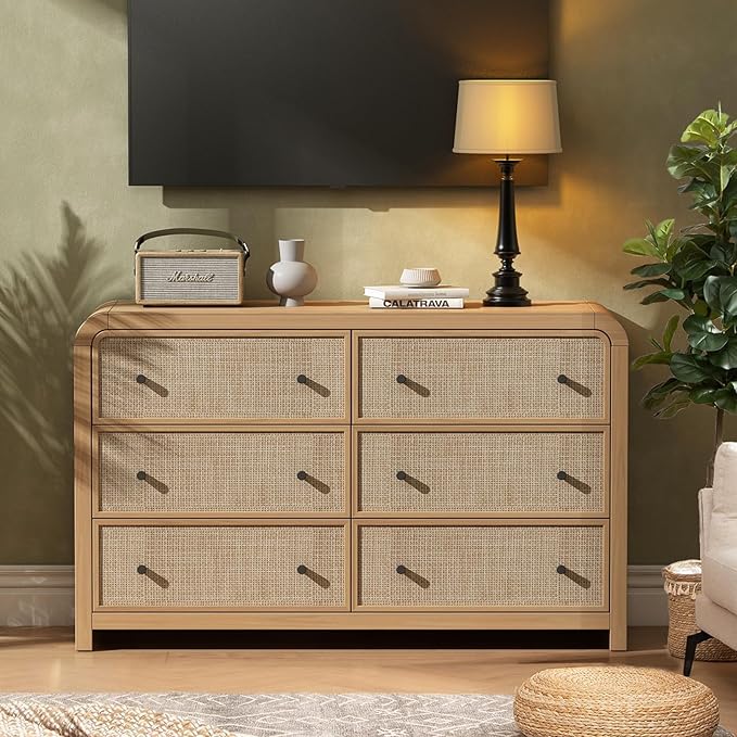 Oak&Sparrow 6 Drawer Dresser for Bedroom, 49'' Rattan Dresser with Ample Storage, Boho Chest of Drawers, Thickened Curved Profile Design, Oak Dressers for Bedroom, Living Room