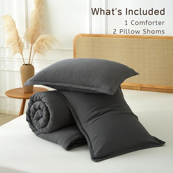 Muslin Comforter Set Queen Size, Cotton Cover & Polyester Filling, Breathable & Linen Like & Suitable for All-Season Use,3 Pieces(1 Comforter 90"x90", 2 Pillow Shams 20"x26"), Rock Grey