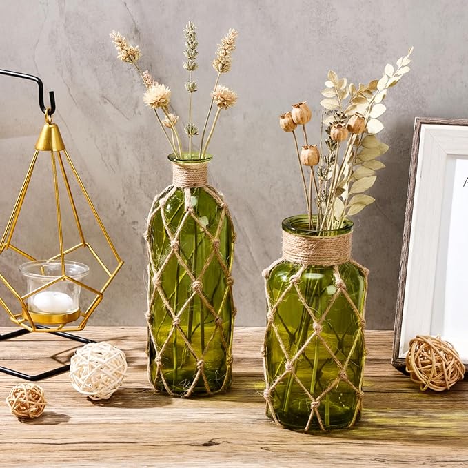 Chuangdi Set of 2 Coastal Glass Vases for Flower Small Flower Vase with Boho Rope Wrapping Beach Decorative Bottle for Coastal Nautical Table Centerpiece Wedding Floral Arrangement Decor(Olive Green)