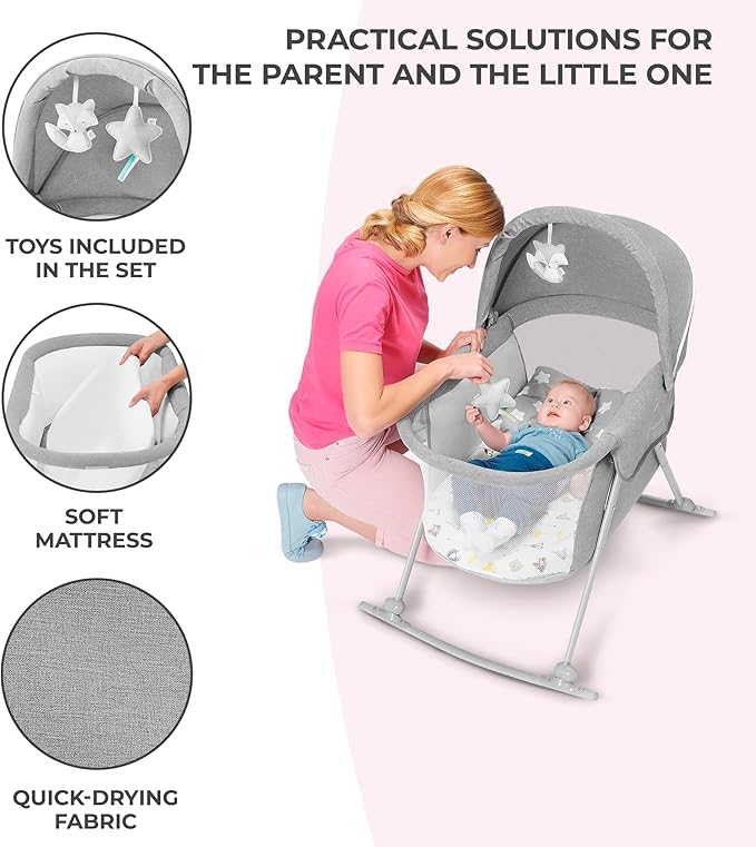 Kinderkraft LOVI Travel Bassinet for Baby, Portable Folding Baby Bed with Built-in Mosquito net, Adjustable Hood and an Additional Cradle Function, Grey