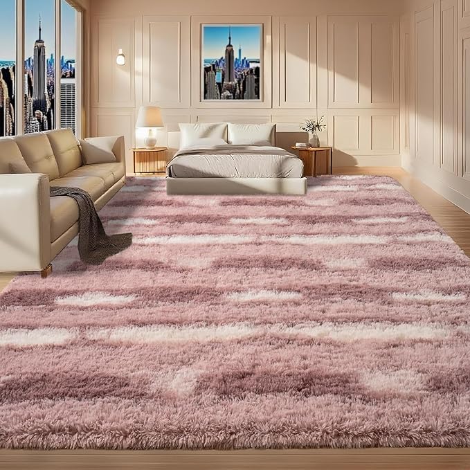 8x10 Feet Area Rugs for Living Room Bedroom,Pink and White Machine Washable Soft Fluffy Shaggy Indoor Rug, Floor Carpet for Girls Boys Kids, Dorms, Nursery Rooms, Home Decor Aesthetic