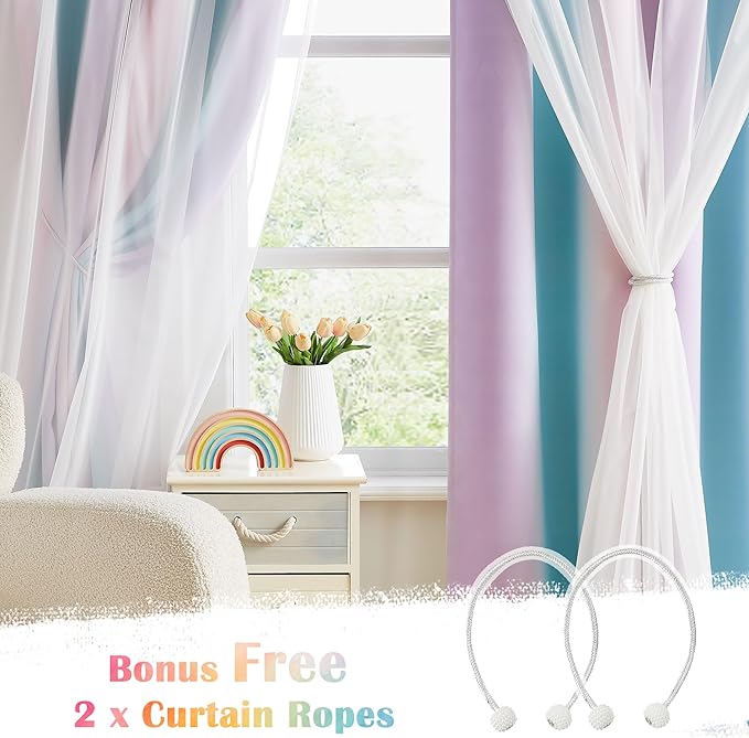 100% Blackout Curtains with Sheer Overlay Mix and Match Double Layer Drapes 84 Inch Long 2 Panels for Room Bedroom Ombre Rainbow Grommet Window Treatment with Tiebacks