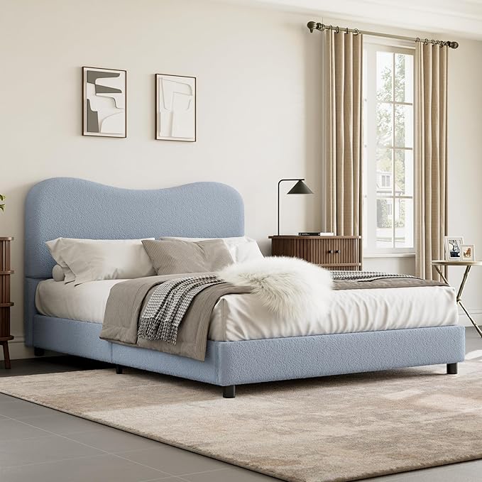 Senfot Blue Boucle Bed Frame with Upholstered Headboard, Soft Low Profile Sturdy Platform Bed with Rounded Corners Design, Heavy Duty, Wooden Slats, Noise Free, No Box Spring Needed, Full Size