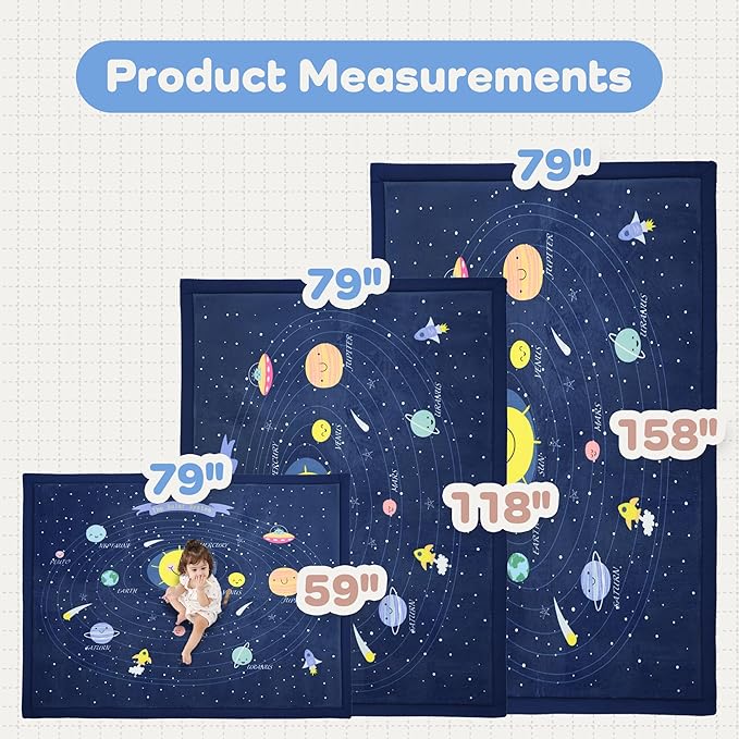 1.3" Thick Educational Baby Floor Play Mat 79x118, Basic Padded Memory Foam Kids Mat, Large Non-Slip Plush Playmat for Nursery Playroom Classroom (Planet)