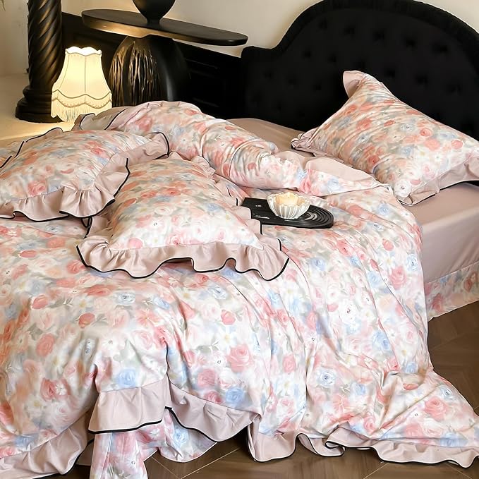 HighBuy Girl Ruffle Duvet Cover Set Twin XL Pink Lace Floral Ruffle Design,Vintage Brushed Cotton Ruffled Bedding Set French Breathable Farmhouse Bedding - 1 Twin XL Duvet Cover 2 Pillowcases