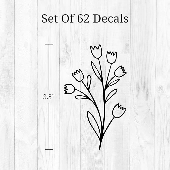 Small Black Flowers Peel and Stick Wall Decals - Set of 62 Flower Wall Stickers - 1"-4" Flower Wall Decor Floral Wall Decals