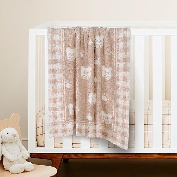 Beige Bear Baby Blanket – Knitted Teddy Design Throw for Baby Boys & Girls, Nursery Essentials & Shower Gifts – Soft & Warm, 30x40 Inch