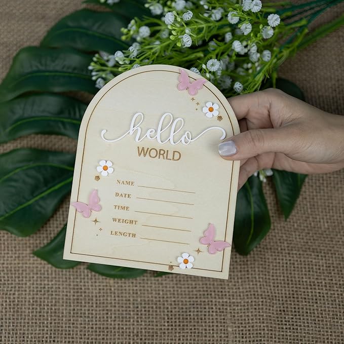 Baby Announcement Sign 6.5 Inch Wooden Hello World Newborn Welcome Sign Birth Name Plaques for Photo Props Shower Hospital Nursery (Butterfly)