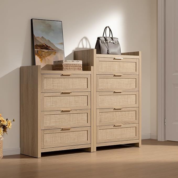 SICOTAS Dresser for Bedroom Chest of Drawers 46" Tall Dresser for Closet with 5 Rattan Drawers Boho Night Stand Large Clothes Storage Cabinet for Living Room Hallway Nursery Entryway