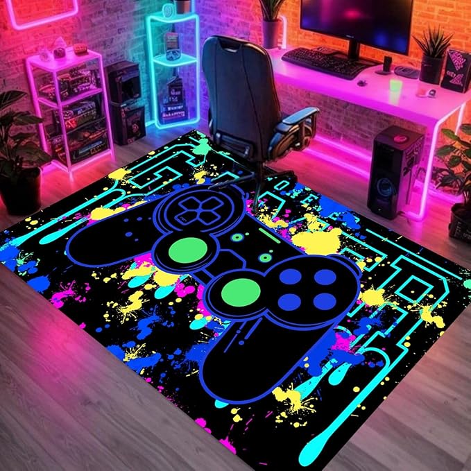 4x6ft Game Area Rug for Boys Room Color Painting 3D Printing Gamepad Carpet Cool Low Pile Design Video Game Rugs for Children's Bedroom Large Non-Slip Playroom Mat