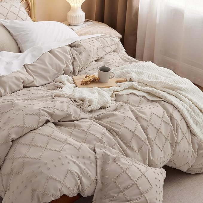 Bedsure Boho Twin Duvet Cover Size - Khaki Breathable & Soft Boho Bedding, Machine Washable Comforter Cover for All Seasons, Includes 1 Duvet Cover 68"x90" with 1 Pillow Sham & Zipper Closure