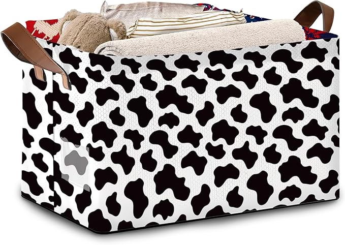 Cow Pattern Storage Basket Large 17x11.5x10.5 Inche-Collapsible Fabric Organizer Bin with Handles for Nursery, Farmhouse Decor, Toys-Foldable Decorative Hamper with Animal Print Design-Single Pack