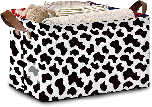 Cow Pattern Storage Basket Large 17x11.5x10.5 Inche-Collapsible Fabric Organizer Bin with Handles for Nursery, Farmhouse Decor, Toys-Foldable Decorative Hamper with Animal Print Design-Single Pack