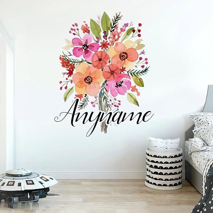 Custom Colorful Floral Name Wall Decal Personalized Flower Aesthetic Name Transparent DTF Vinyl Removable Nursery Wall Decal for Kids Room, Teen Bedroom, Car, Cute Home Decor Gift