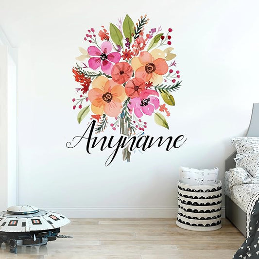 Custom Colorful Floral Name Wall Decal Personalized Flower Aesthetic Name Transparent DTF Vinyl Removable Nursery Wall Decal for Kids Room, Teen Bedroom, Car, Cute Home Decor Gift