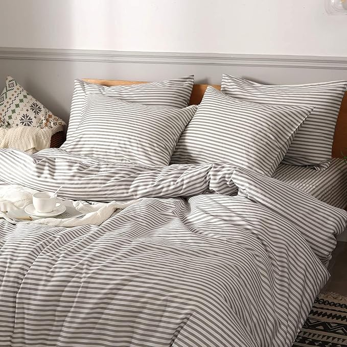 JELLYMONI Duvet Cover, 100% Natural Cotton, Printed Comforter Cover with Zipper Closure and Corner Ties (Twin 66×92 Inch, White Duvet Cover Set with Grey Stripes Pattern, 2 Pcs)