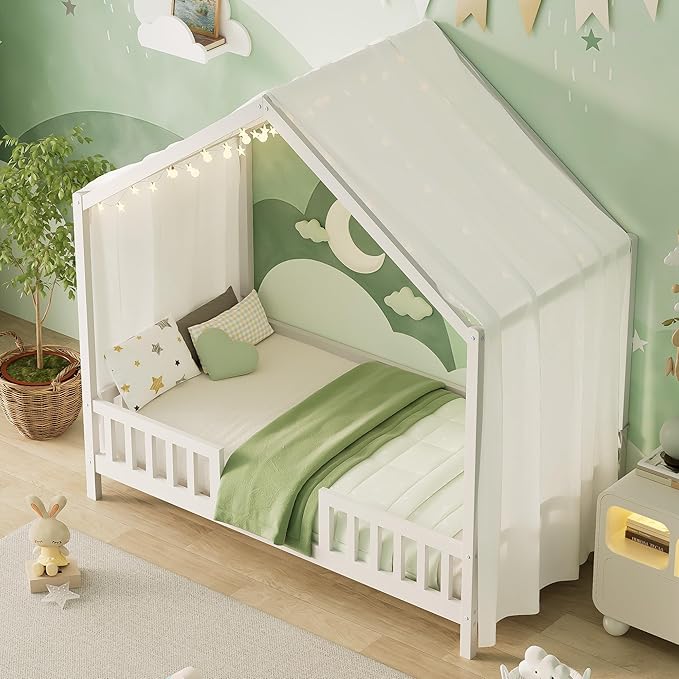 Bellemave Twin House BedFrame with Canopy, Montessori Floor Bed, House Bed with Rails for Kids, White