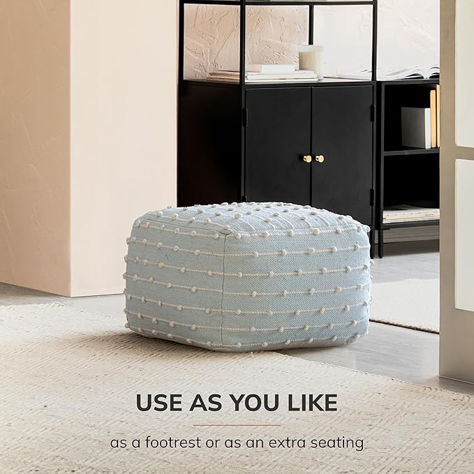 Anji Mountain 100% Handmade & Handcrafted Comfortable Home Décor Pouf Ottoman Footrest for Living Room, Bedroom, Nursery, Kidsroom, Patio Furniture - (22" x 22" x 16"- Teal,Ivory)